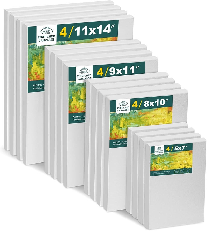 Inburit Canvas for Painting for Adults & Kids 16 Pack with 11x14, 9 x12, 8x10, 5x7 (4 of Each), Blank Primed Stretched Canvases for Oil, Acrylic & Other Painting Media - Image 1